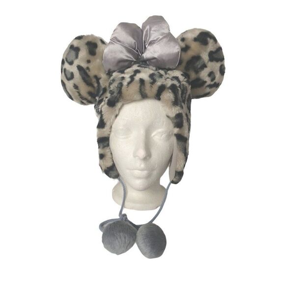 Vintage Disneyland Paris Leopard Print Faux Fur Minnie Mouse Ears Hat Pom Poms - Picture 1 of 6